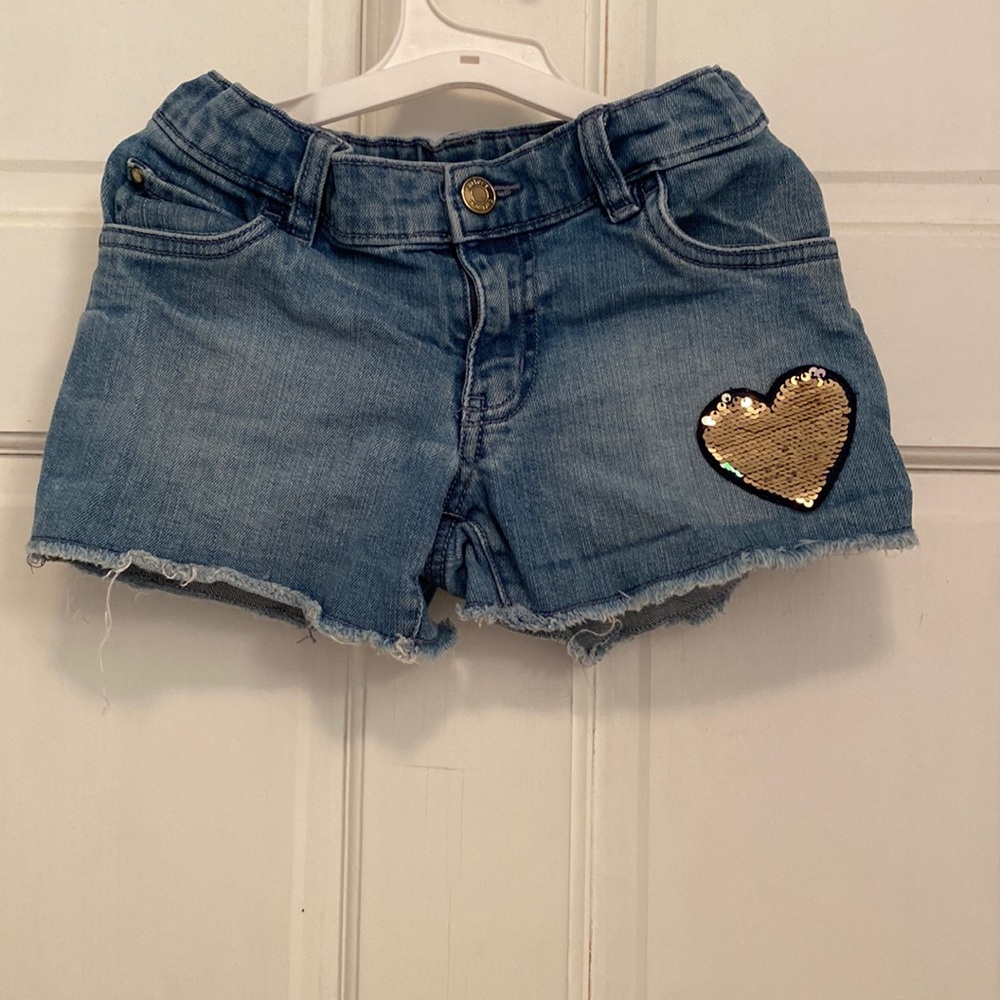 Carter's Kid Denim blue jean shorts Cut-off Reversible sequin heart Girls 7